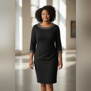 Talbots Sz 10 Black Sheath Dress with Leather And Tweed Trim